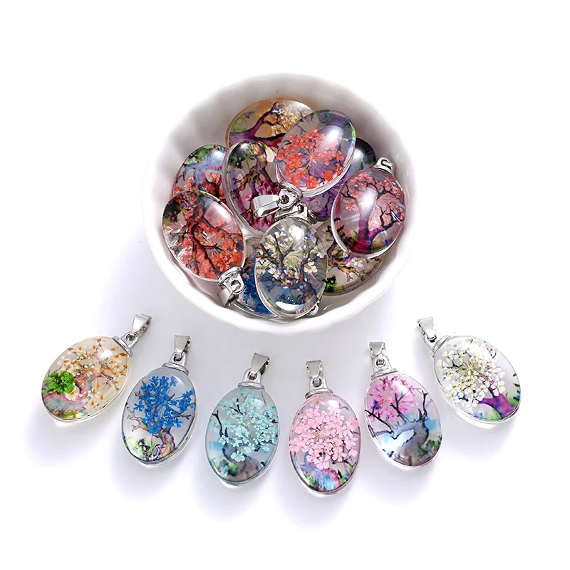 3Pcs Charm Glass Dried Flower Pendant Classic Oval Dried Flower Pendant For Jewelry Making Women Accessories Necklace Bracelet