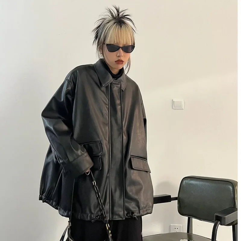 2024 novo preto casacos de couro do plutônio e jaquetas mulheres bolso manga longa y2k gótico outono primavera senhoras jaqueta outerwear streetwear