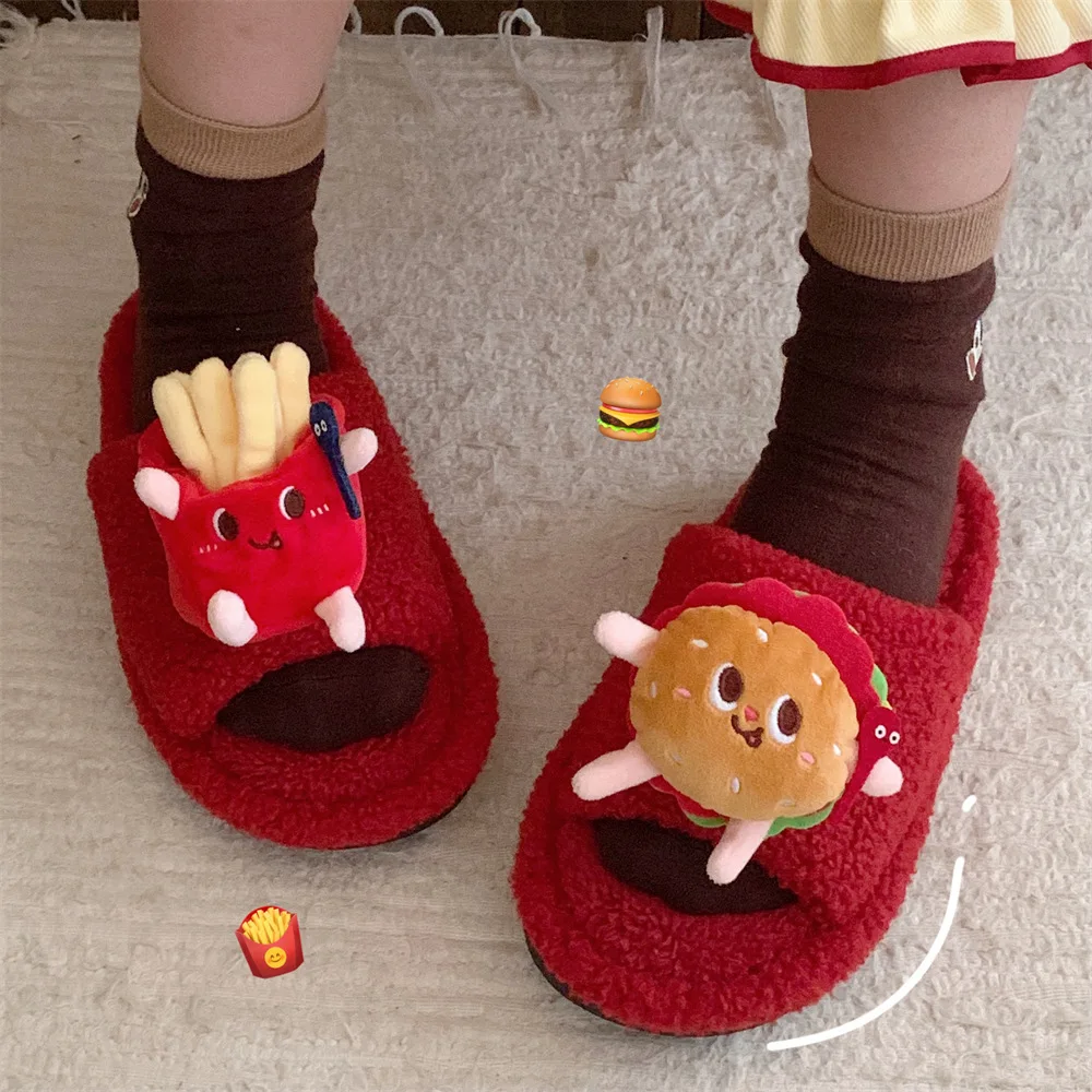 Winter Warm Plush Red Joyful Couple Cartoon Slippers Men And Women Hamburgers And French Fries Home Slippers