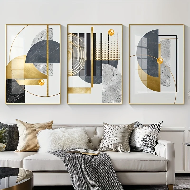 3 Stück/Set goldene abstrakte geometrische Leinwanddrucke, minimalistische, lebendige Marmor-Wandkunst, Poster für moderne Wohnzimmer, Heimdekoration