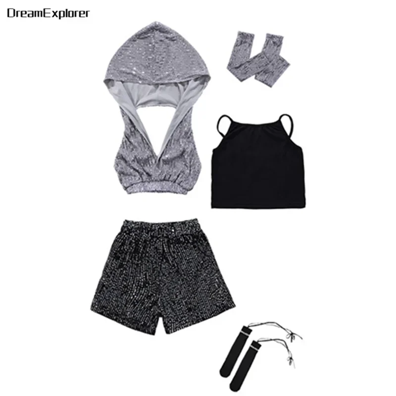 Meisjes K-Pop Lovertjes Crop Hoodies Streetdance Short Pu Lederen Cargo Broek Kids Hiphop Jazz Rokken Kleding Set Kinderkleding