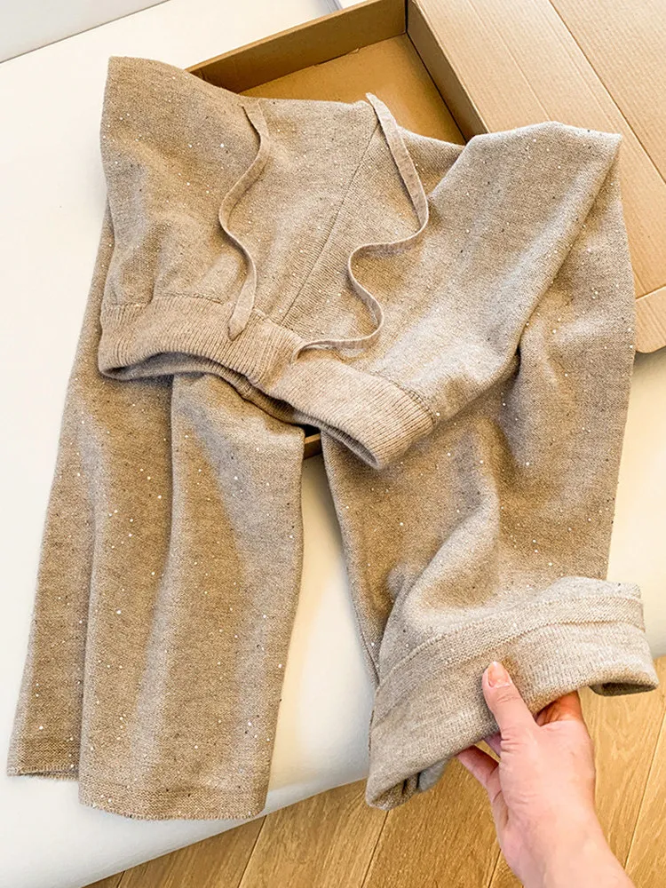 

Retro Glitter Soft Knitted Casual Pants Women's High Waist Spring Autumn Wide Leg Pants Loose Feel Slimming Drapey