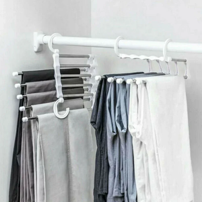 Hot Newest Multifunction 5 in 1 Pant rack shelves Stainless Steel Clothes Hangers Multi-functional Wardrobe Magic Hanger