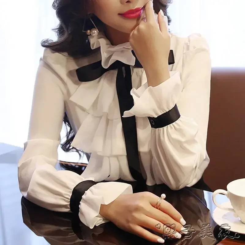 

Women Blouse White Shirt Women's Long Sleeve Vintage Ruffled Chiffon Shirt Top Brusas Ropa De Mejer XQ395