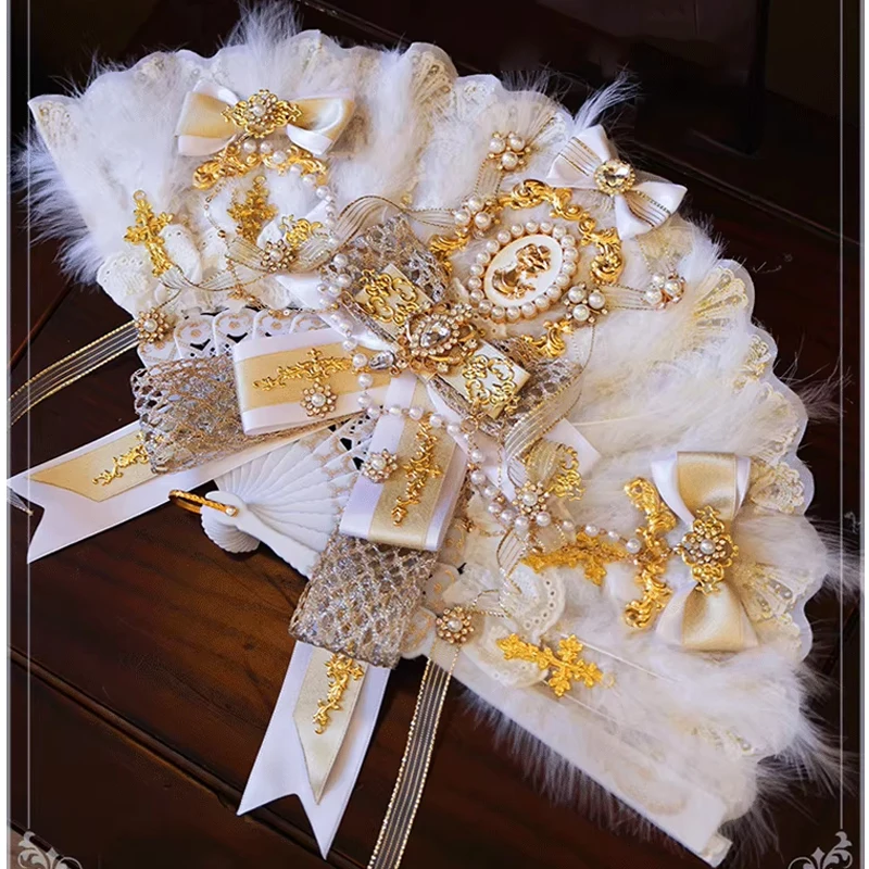 Handmade Gothic Cross Bowknot Beaded Chain Lolita Classical Feather Fan Sweet Elegant Woman Gorgeous Palace Fan High End Gifts