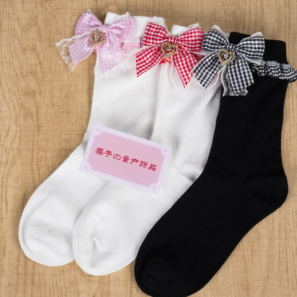 

Cotton Calf Socks Japanese Lolita Girl Cute Bow Socks Strawberry Plaid Lace Socks