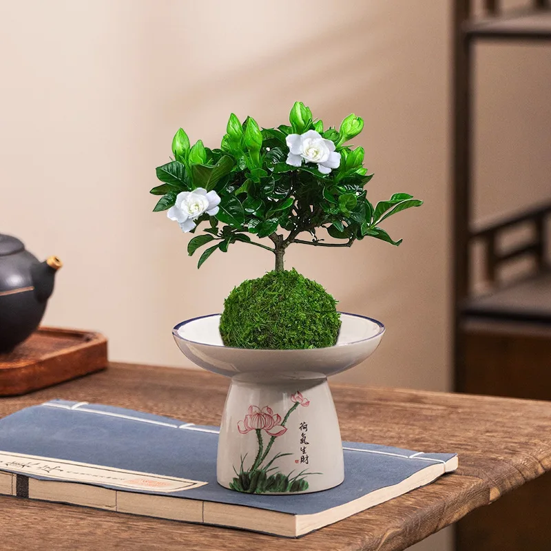 Creative Hand-painted Gardenia Moss Ball Flowerpot High Footed Imitation Blue and White Ceramic Zen Home Desktop Decoration