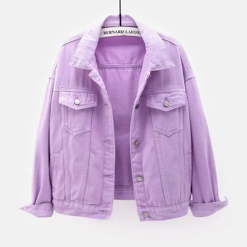 Veste en jean pour femme, manteau court, rose, vestes en jean décontractées, violet, jaune, blanc, printemps, automne