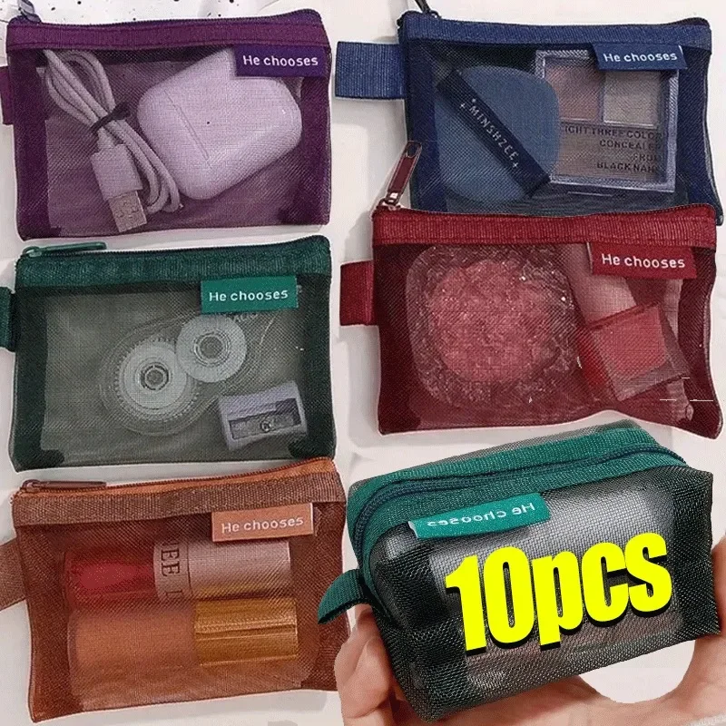 1/10Pcs Transparent Mesh Coin Purse Mini Zipper Bag Earphone Data Cable Storage Bag Travel Organizer ID Credit Card Holder Pouch