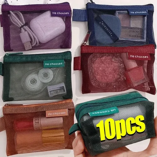 Imagen 2 del producto Monedero de malla transparente, Mini bolsa con cremallera, bolsa de almacenamiento de Cable de datos para auriculares, organizador de viaje, bolsa portatarjetas de identificación, 1/10 Uds.