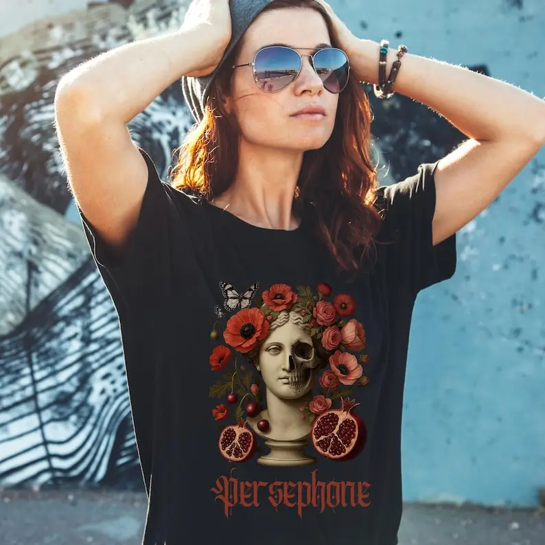 Camiseta de persephone, camiseta gótica de diosa griega con calavera Floral, camisa de Reina del Inframundo para mujer, Top de mitología estética oscura
