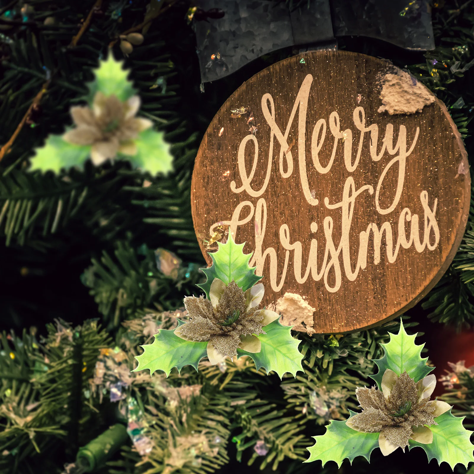 

5Pcs Christmas Tree Artificial Poinsettia Flowers Simulation Glitter Xmas Tree Decorations DIY Fake Flower for Home Xmas Wreath