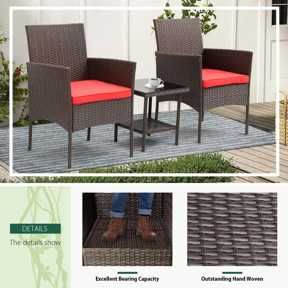 3 Piece Bistro Conversation Set, Patio Brown Wicker Chairs Furniture, Outdoor Furniture Set, Coffee Table, Garden Furniture Set