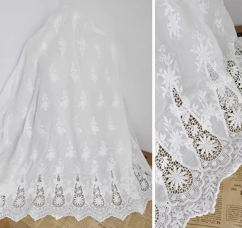 White pure cotton fabric with embroidered patterns, full-length, double-sided symmetrical, and openwork embroidery design