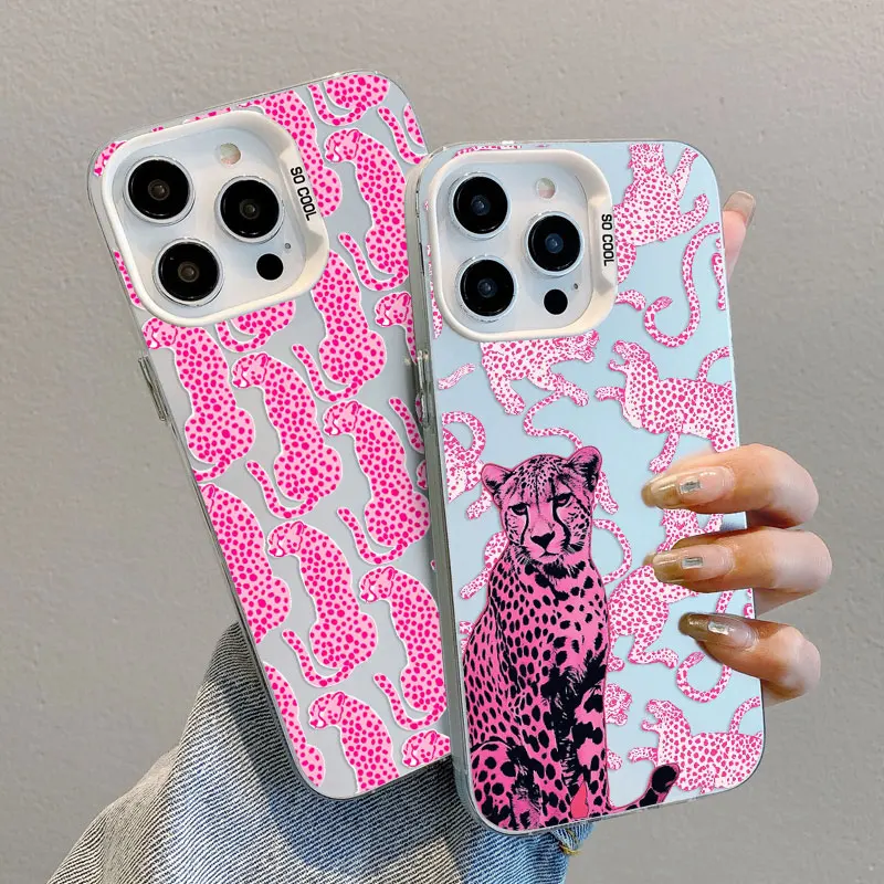 

Pink Leopard Print Pattern Laser Phone Case For iPhone 17 Pro Max 16 15 Pro Max Plus 14 13 Mini 12 11 Pro Max Shockproof Covers