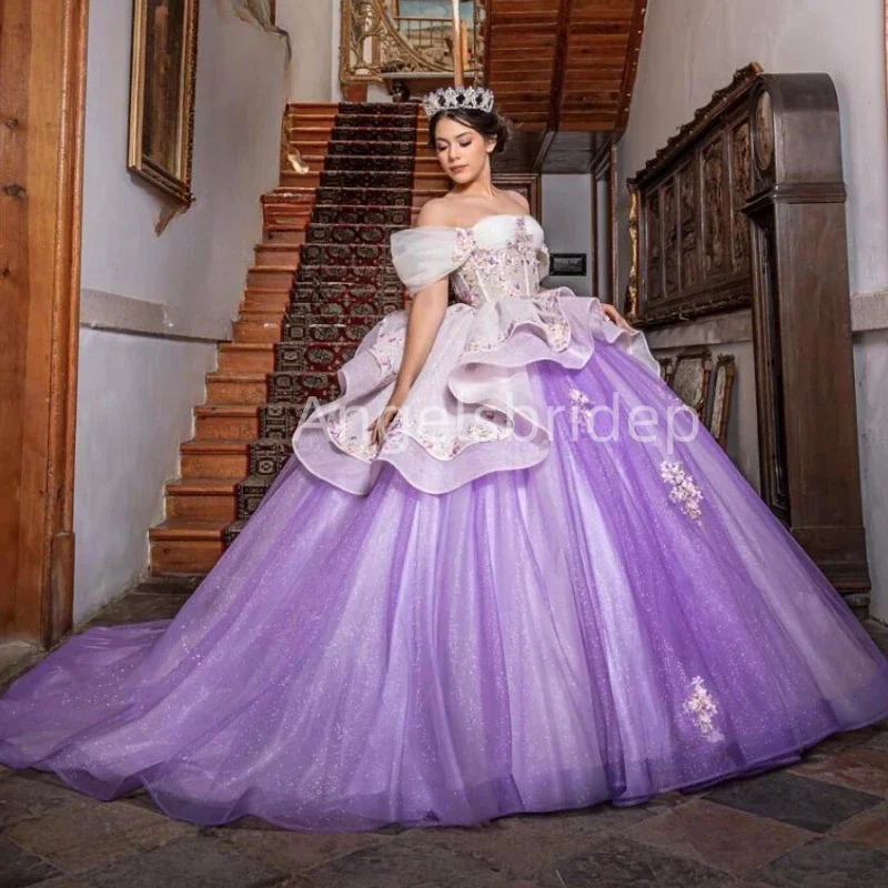 Angelsbridep ชุดหรูหรา vestido de 15 años ชุดเดรส quinceanera ชุดไปงานเต้นรำสีขาวและสีม่วงชุดเดรสปาร์ตี้เย็นมีระบายสำหรับเด็กผู้หญิง