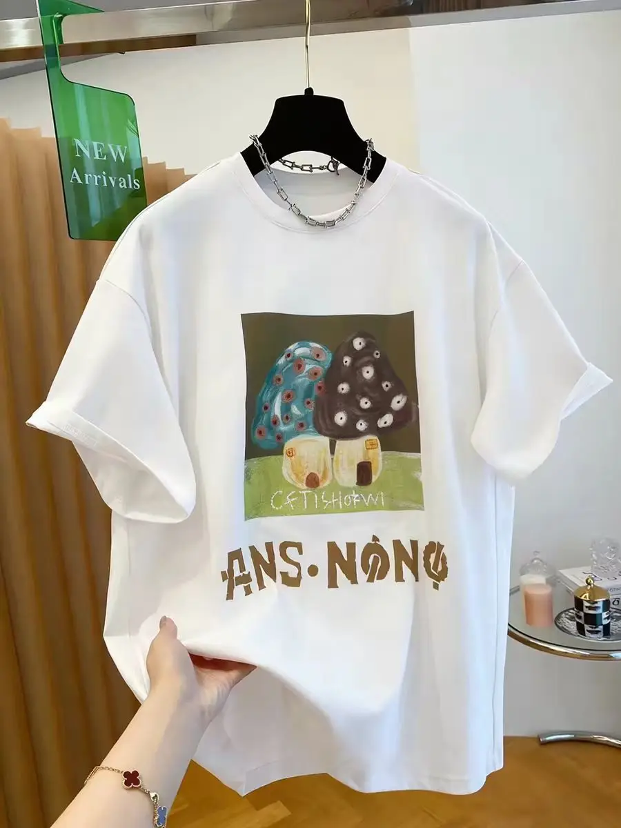 Loose Summer Style Women's T-shirt Short Sleeve Cartoon Mushroom House Print Cotton Breathable Sweat Absorbent Casual Top