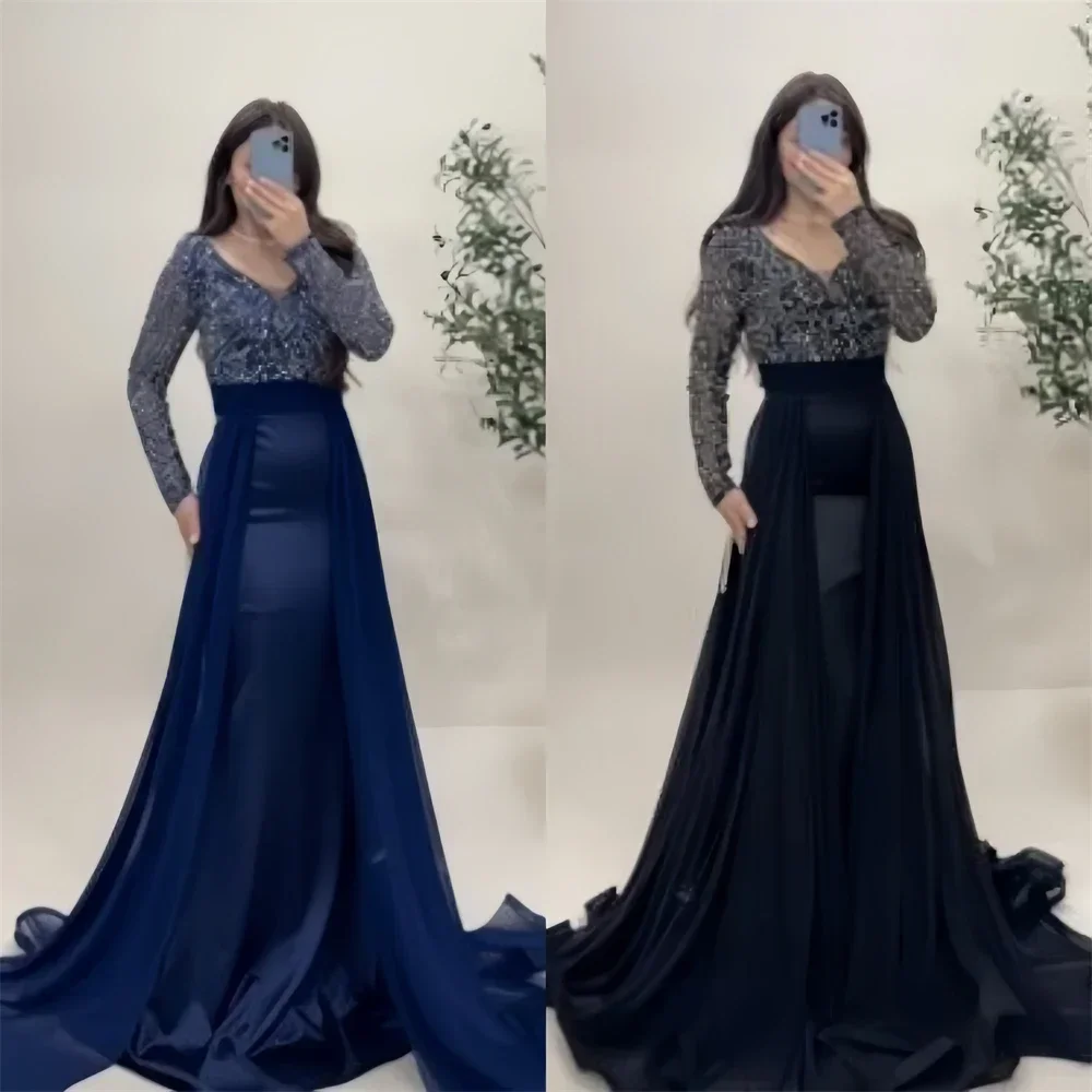 

Customized Formal Dress Saudi Arabia Evening V-neck A-line Floor Length Sequin Skirts Tulle Bead Bespoke Occasion Dresses Prom G