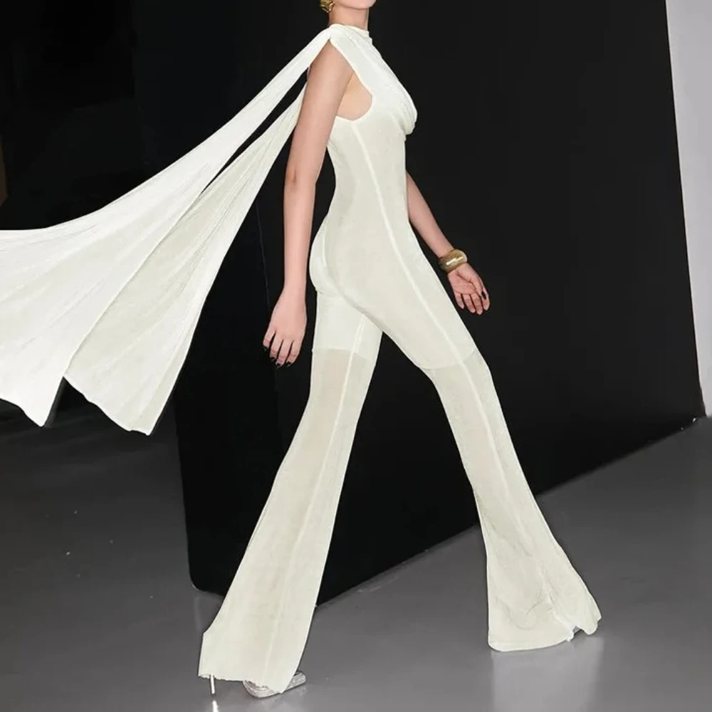 

Women Sexy Ribbons Shawl Sleeve Slim Flare Jumpsuits Ruched Swinging Collar See Through Patchwork Party Overalls Casual Rompers