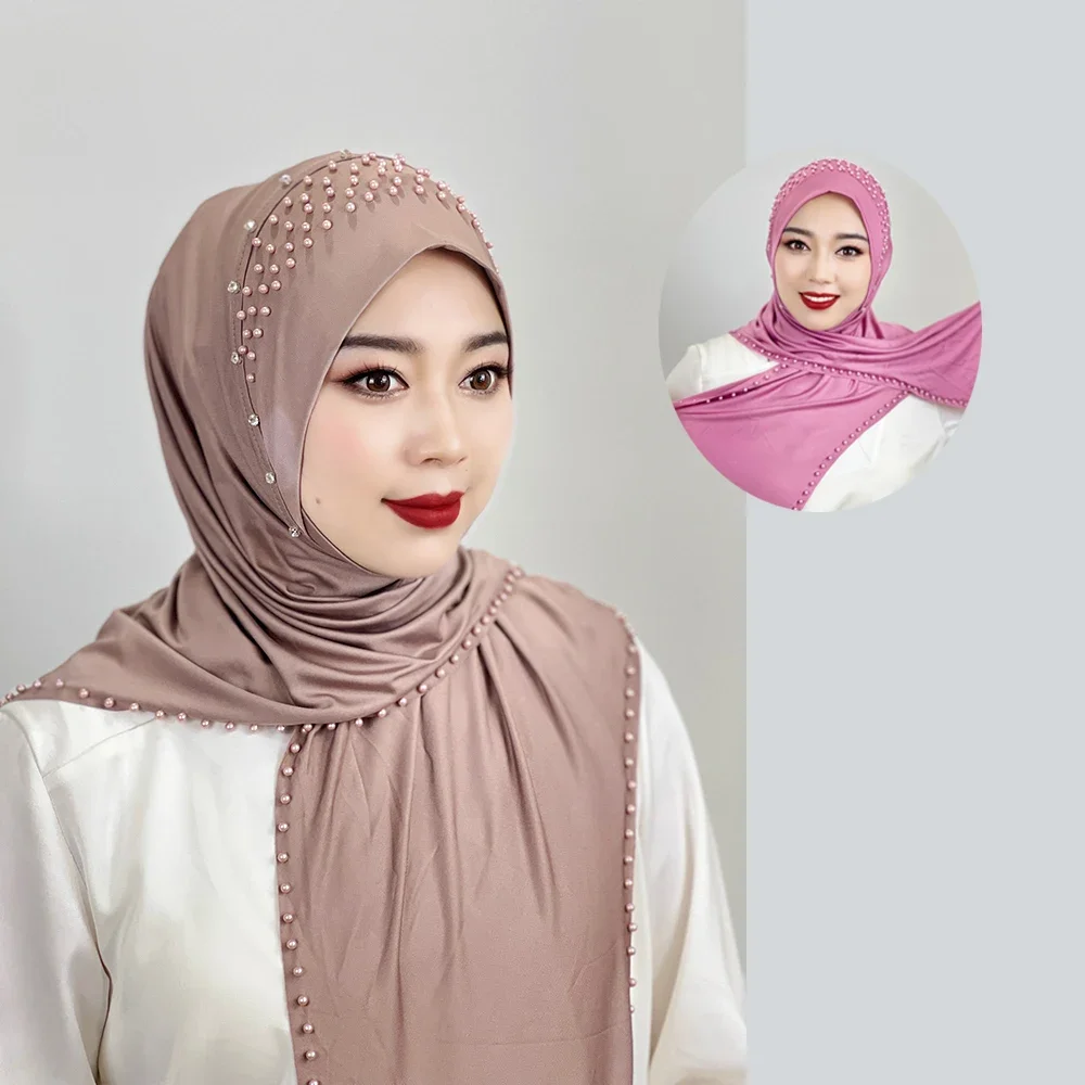 Muslim Hijab Solid Color Beaded Arab Hijab Long Hijab Women Hijab Beaded Soft and Easy to Wear Hijab Turkish Head Wrap Scarf