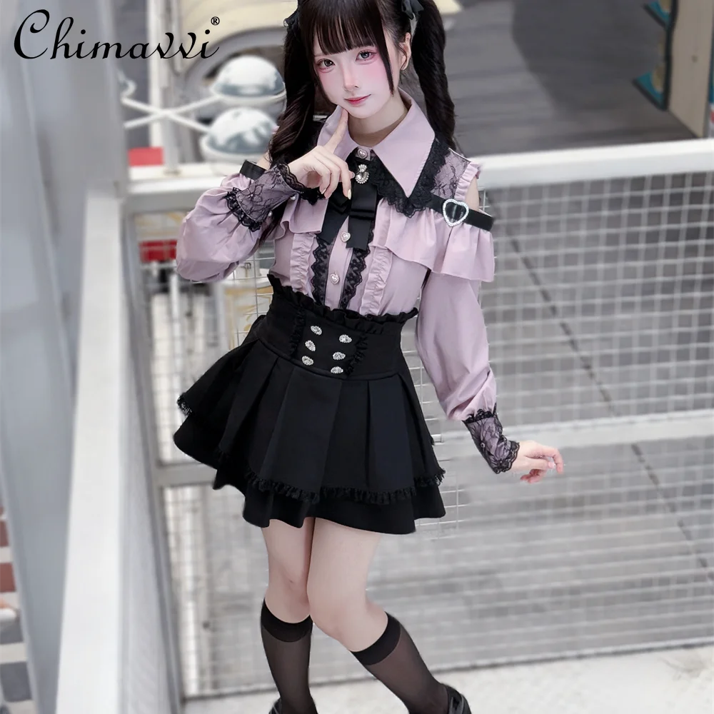 

Original Japanese Mass-Produced Lolita Sets Autumn New Sweet Lace Patchwork Long Sleeve Shirt Skirt Two-Piece Set for Girls