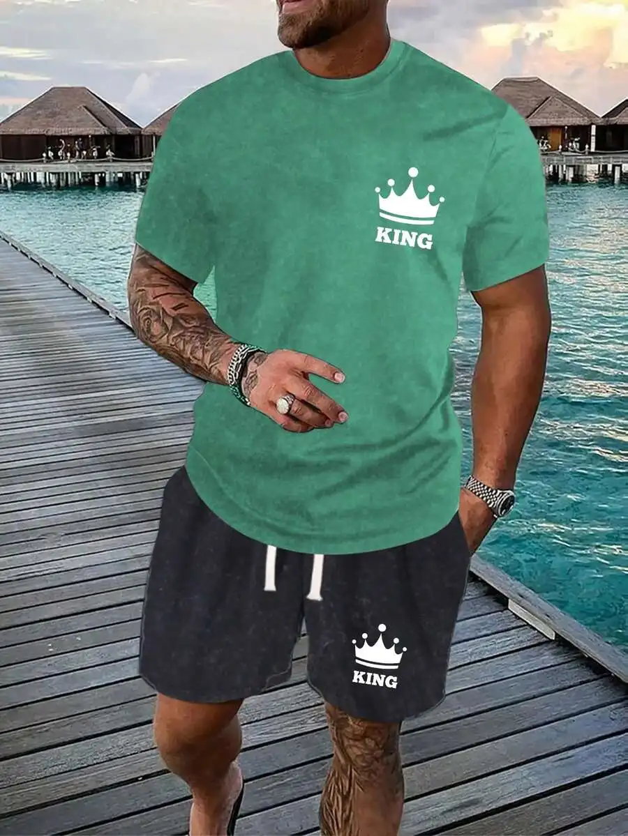 

Mens Casual King Crown Graphic Two-Piece Set Washed Cotton Short Sleeve Tee And Shorts Summer Outfit