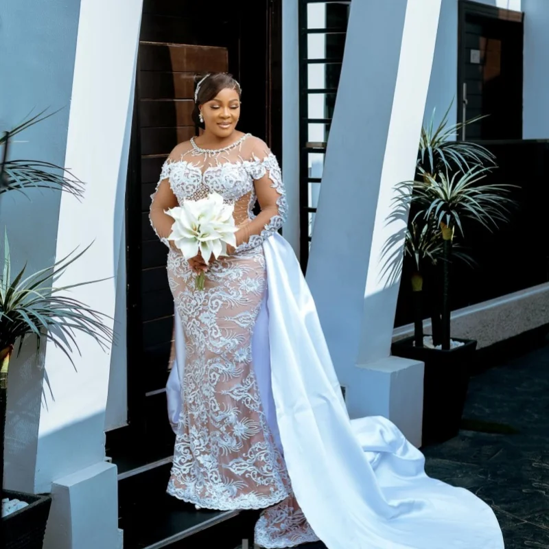 

Lace African Wedding Dresses Black Girls Mermaid Long Sleeves Pearls Aso Ebi Women Muslim Bridal Gowns Saudi Arabia Customized