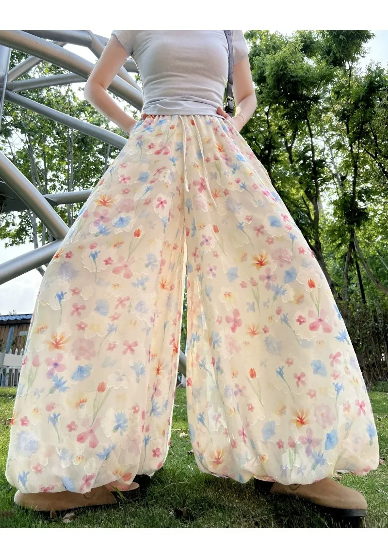 Damen Capri-Hose mit hoher Taille, pastoralen Blumenmustern, aus Eisseide, weitem Bein, im lässigen Stil, neunlängenlang – Detail 7