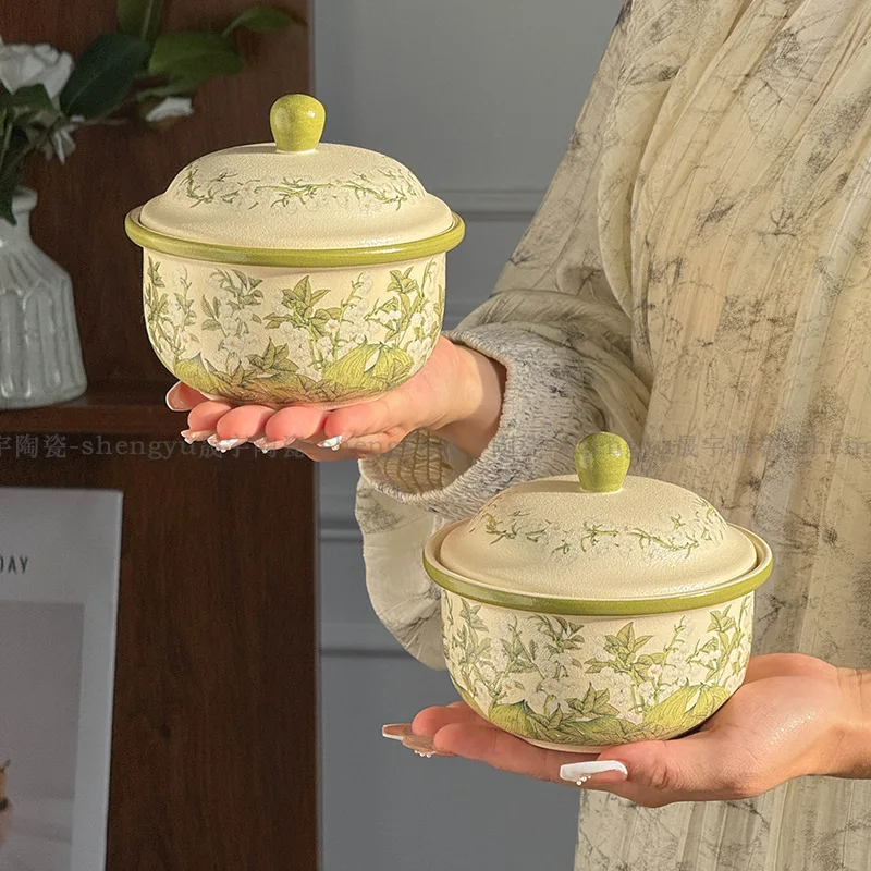 

High Appearance Bell Orchid Stew Pot,Household Water-resistant Ceramic Stew Pots with Lid for One Person Soup, Steaming Egg Bowl