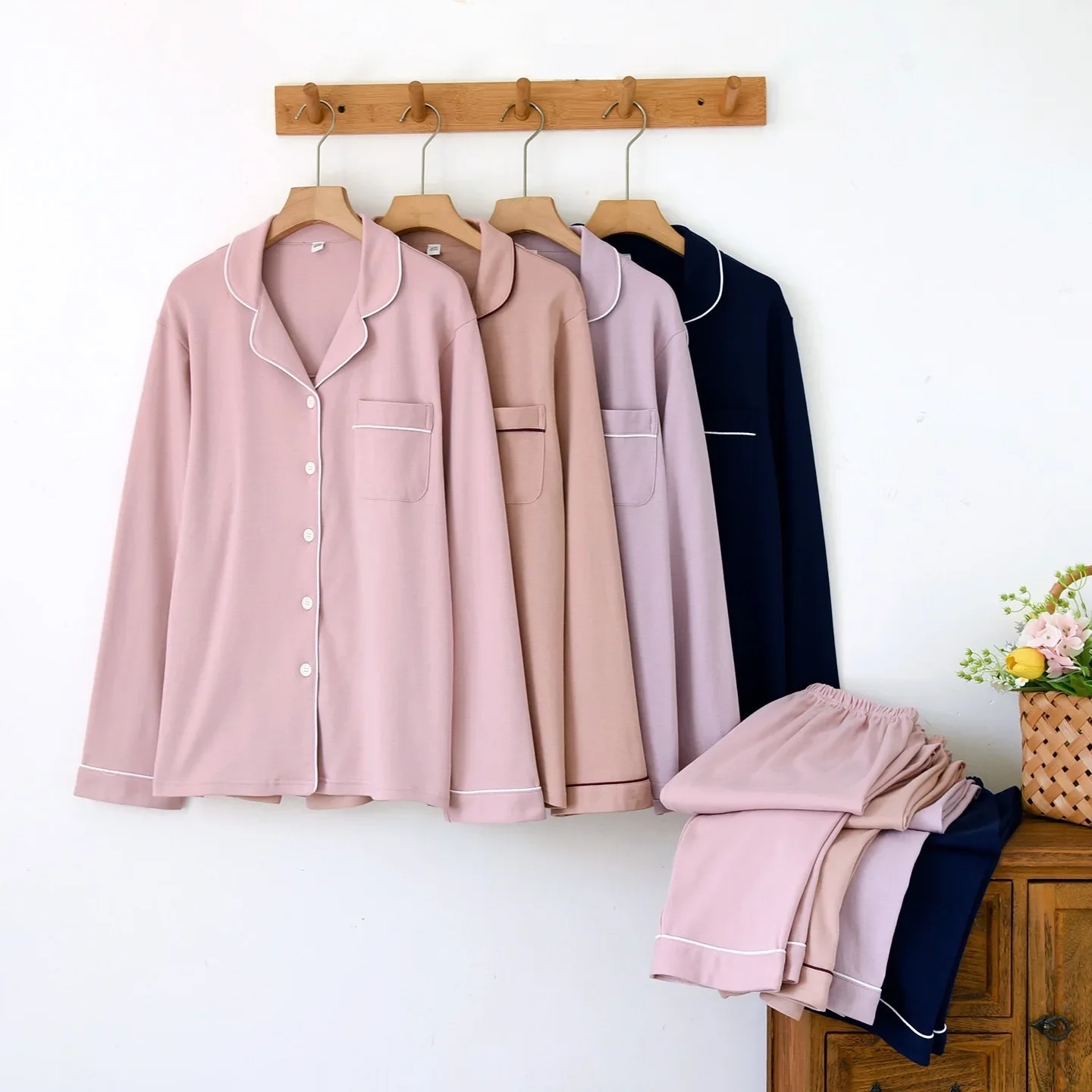 

Женский пижамный комплект из 100% хлопка, одежда для сна на пуговицах с длинными рукавами, мягкие пижамы, весенне-осенние комплекты для отдыха с карманами