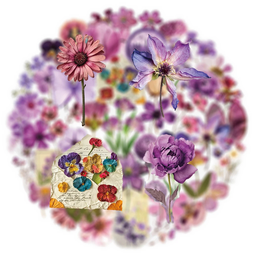 

10/30/50pcs Vintage Purple Flowers Aesthetic Stickers Waterproof DIY Scrapbooking Luggage Phone Transparent Graffiti Decals Pack
