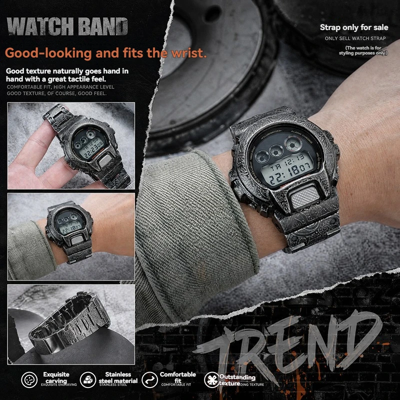 For Casio DW-9052 9050 9051 DW6900 Series Retro Cashew Flower Used Case Strap Carving Style Men's Black Accessories