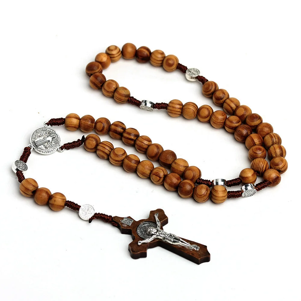 10MM Wood Beads Rosary Cross Necklace For Women Men Christian Virgin Mary INRI Pendant Chain Fashion Religion Jewelry