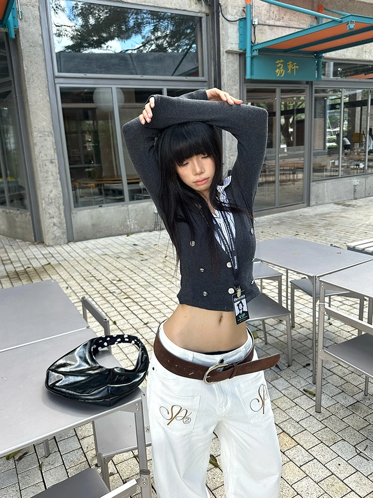 Seeslim إنجلترا نمط المرقعة وهمية قطعتين بلايز الخريف تي شيرت ملابس حريمي كم طويل 2000s الملابس Y2k تيز أنثى شيك