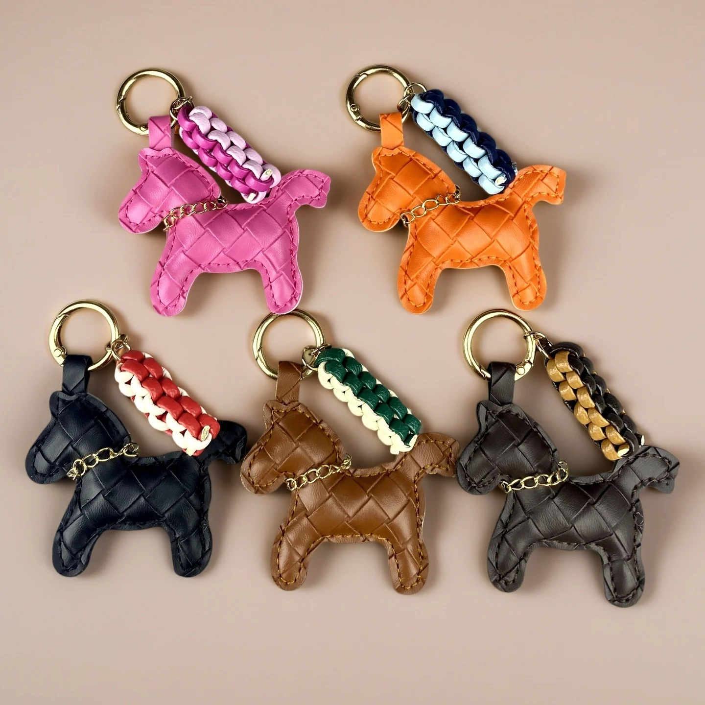 Cute PU Woven Pattern Leather Pony With Two-Tone Braided Leather Cord Bag Charm Set-Horse Pendant For Bag-Gift For Her-Boho/Y2k