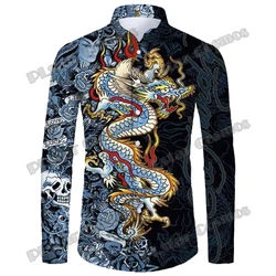 New Year Dragon Pattern Men's Shirts Long Sleeve Luxury Clothing 3D Printed Tattoo Fashion Button Spring Autumn Mens Casual 2024