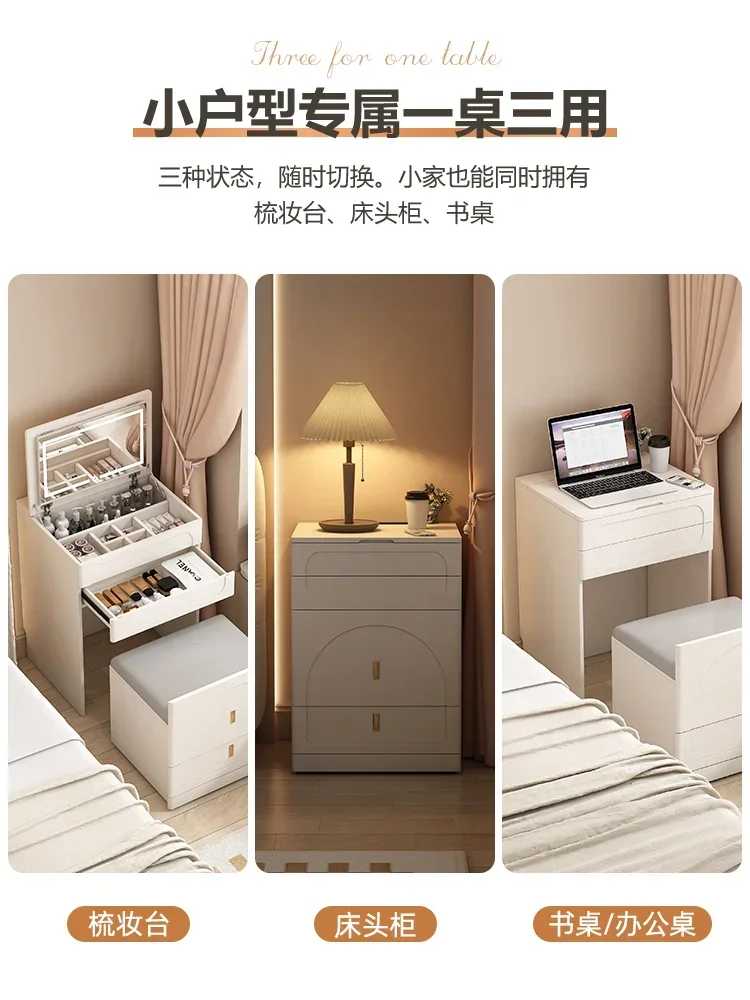 Cream white 50cm wide three drawer bedside table style dressing table with lock, small bedroom, multifunctional bedside dressing