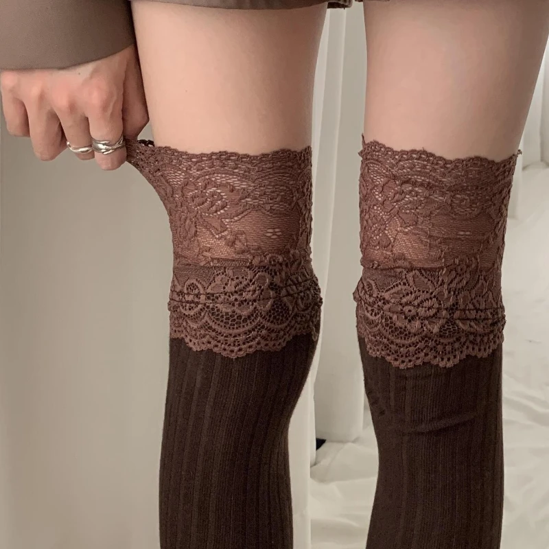 Women's Sexy Lace Thigh High Stockings Over The Knee Solid Color Lolita Warm Boot Socks
