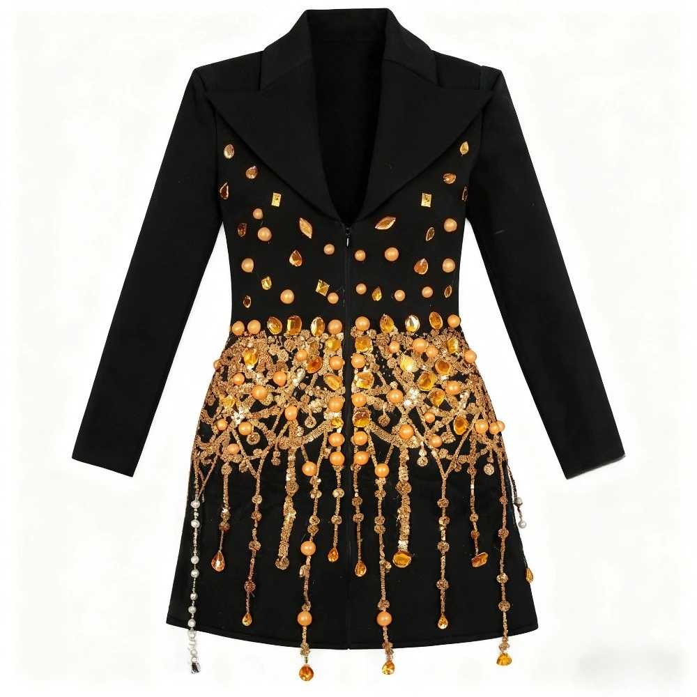 معطف كوكتيل رسمي مقسم بسحاب أمامي من VGH للنساء مع طية صدر السترة وأكمام طويلة مرقعة بأحجار الراين الصفراء سترات نسائية فاخرة #4