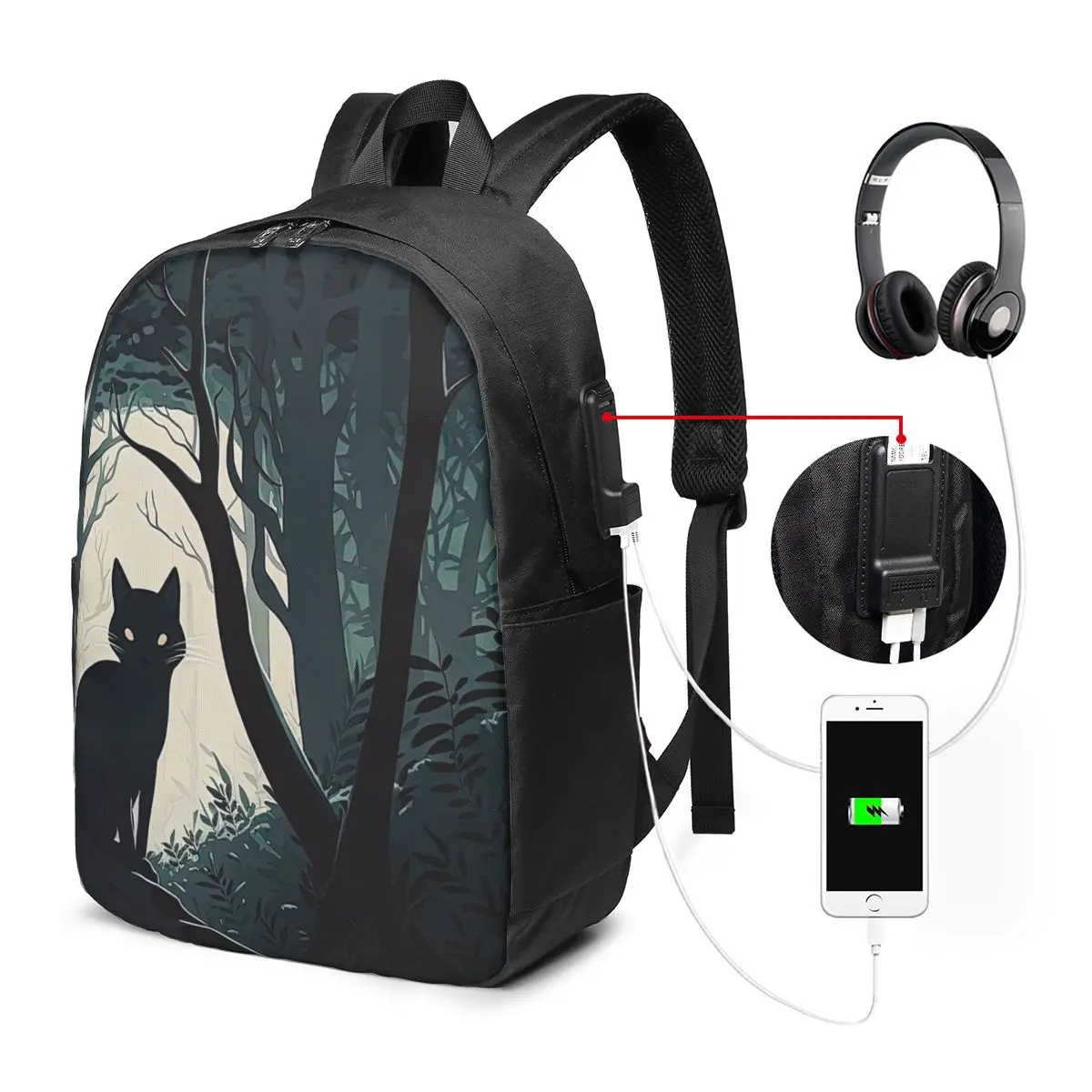 Dark Night Forest Mystical Black Cat Print Backpack Travel Notebook Bag Computer College Student School Bag Laptop Shoulder Bags