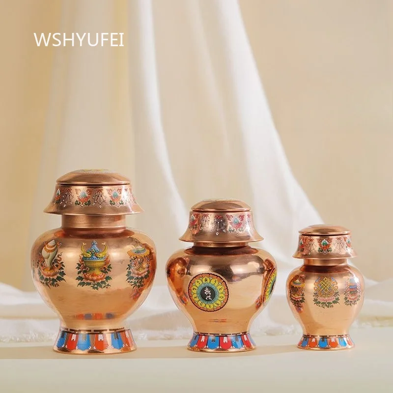 Red Copper Tibetan Treasure Vase with Eight Auspicious Pattern Painting Buddhist Altar Offering Decor Ornament Home Worship