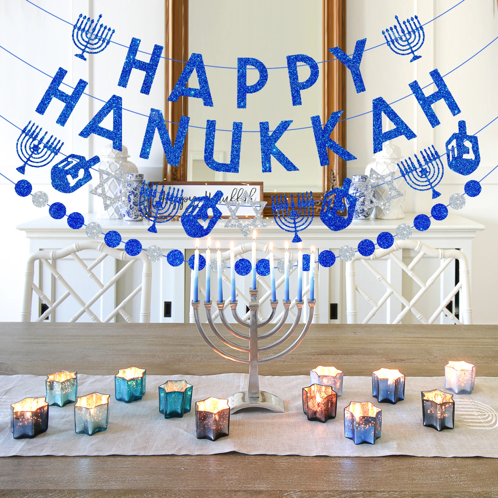 لافتة Happy Hanukkah and Garland Glitter Hanukkah Party Banner لوازم للمنزل والمكتب والديكورات الداخلية والخارجية