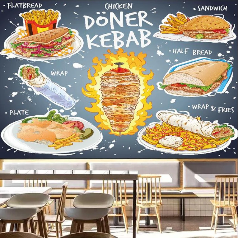 Custom American Fast Food Restaurant Background Wallpaper Chicken Doner Kebab Snack Bar Industrial Decor Wall Paper 3D Murals