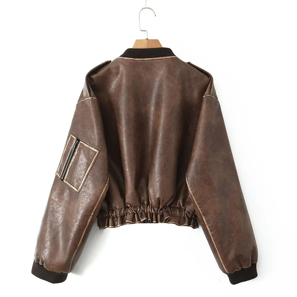 Autumn 2024 women\'s new fashion, leisure, slim and versatile retro brown long-sleeved leather jacket.