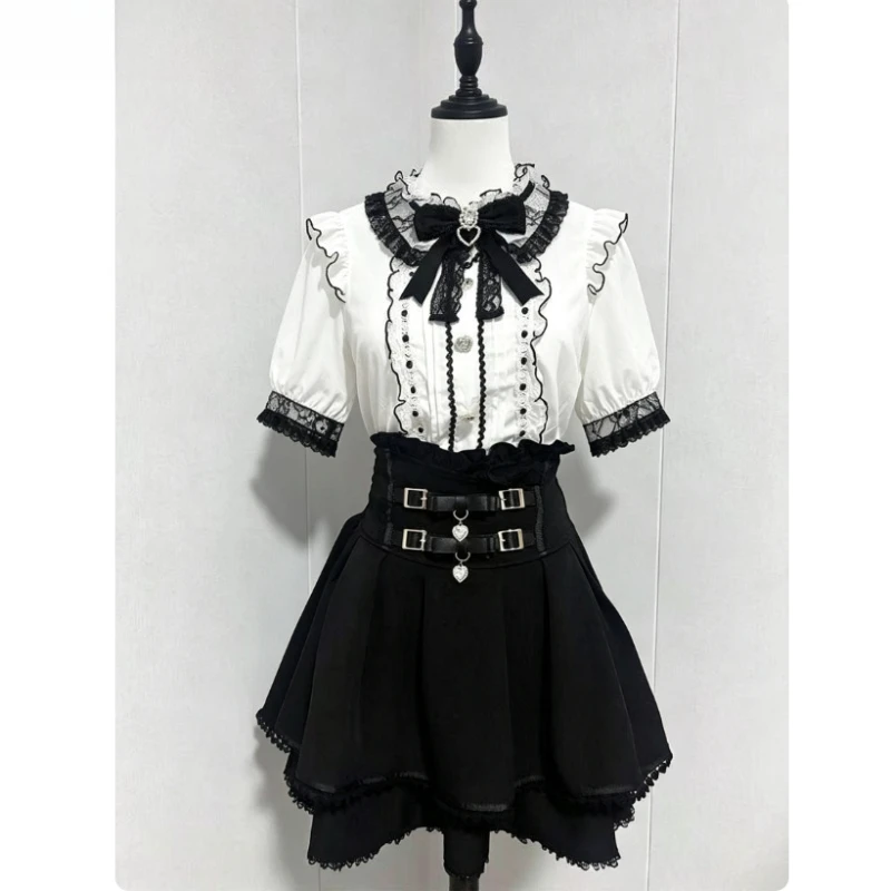 Japanese Y2K Lolita Two Piece Skirt Suit Women Sweet Slim Fit Tops High Waist Pleated Mini Skirt Korean Trendy Daily Outfit Set image 4