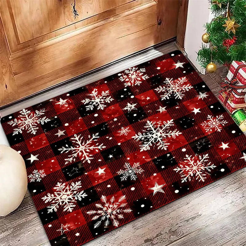 Snowflake Plaid Christmas Kitchen Rug Red Black Checkered White Crystal Pattern Print Non Slip Washable Carpet For Festive