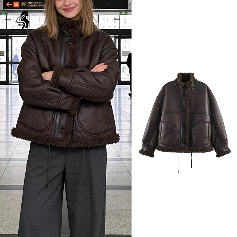

Womens Stand Collar Short Leather And Fur Jacket Single Breasted With Large Pockets Warm And Casual Pilot Jacket Woman Clothes