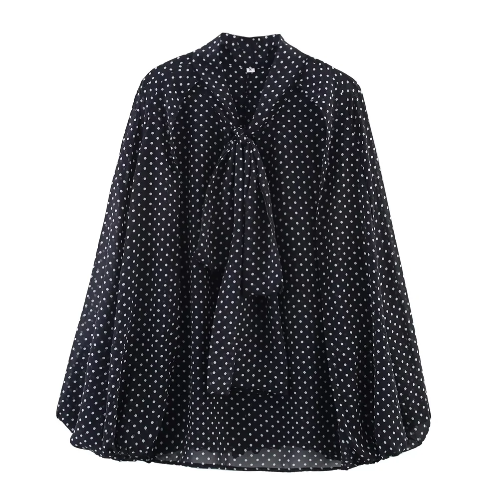 women's bow embellished cape style shirt with polka dots for spring and summer new casual women's clothing