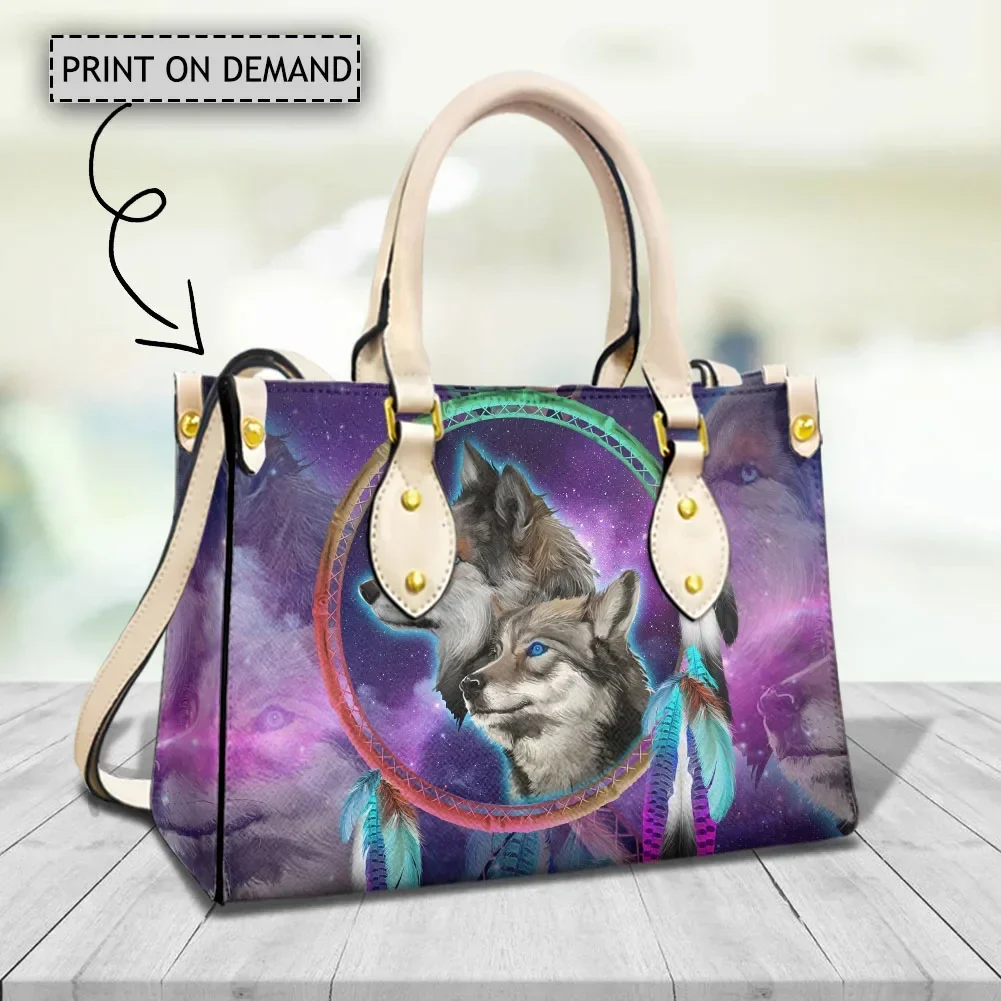 Bolso de mano con diseño de lobo Tribal para mujer, bandolera de cuero de primera calidad, atrapasueños, Retro, Galaxy, elegante