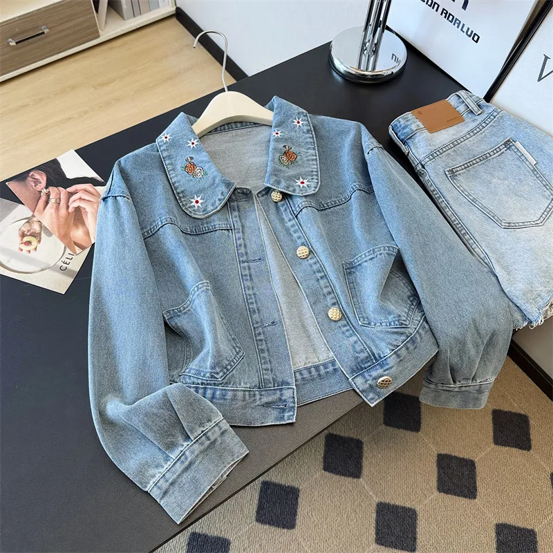

Fashion Flowers Blue Short Cowboy Outerwear Autumn Women New Patchwear Contrast Color Lapel Long Sleeve Denim Jacket Streetwear
